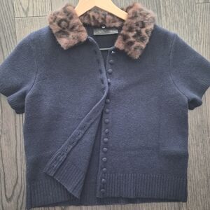 Zara Dark Blue Cardigan with Faux Fur Leopard Collar